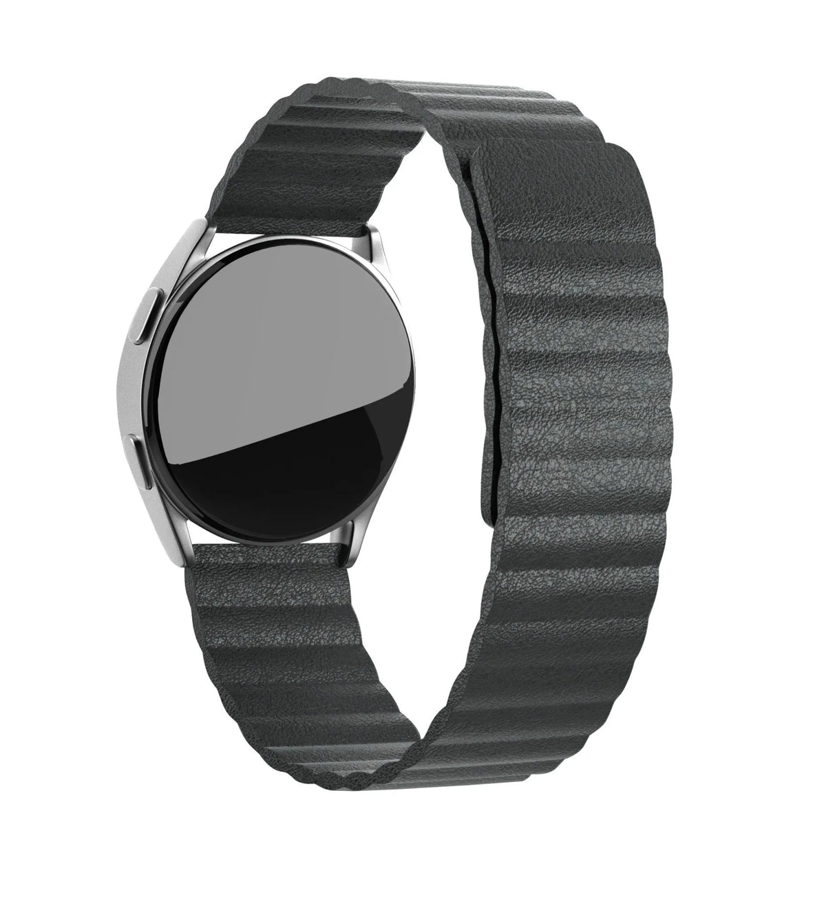 Leather Loop Strap, black, on a watch, 3/4 rear view