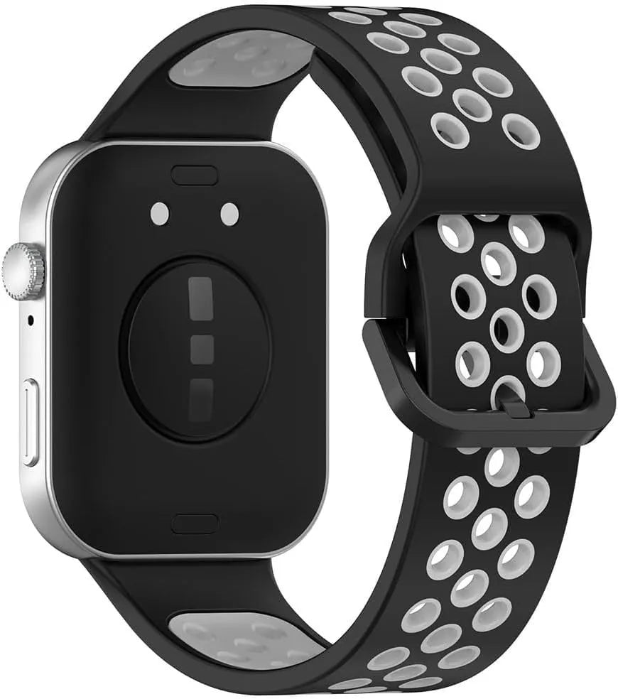Silicone Sport Strap, black/grey, on a watch, 3/4 rear view