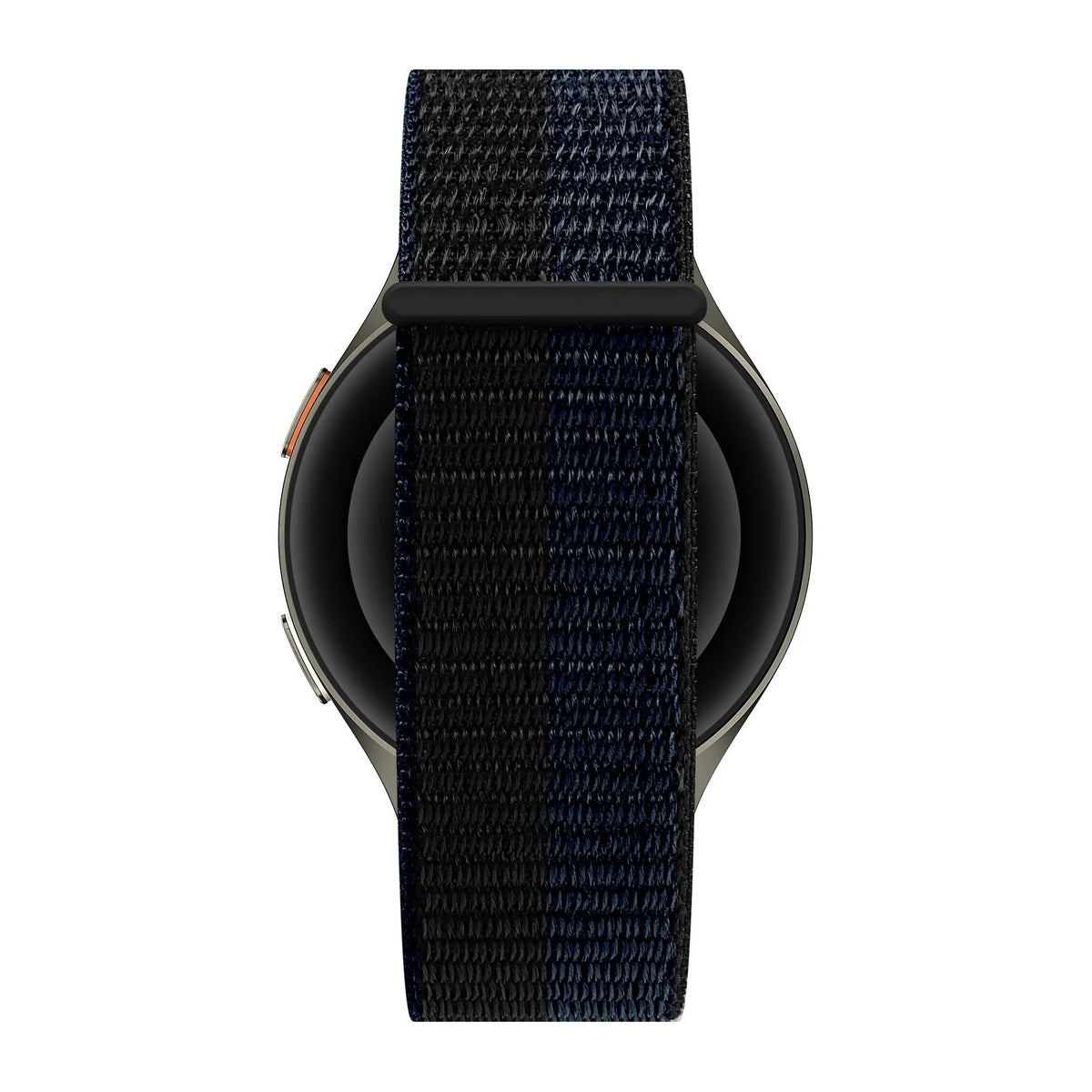 Nylon Strap 'Easy Fit', black/blue, on a watch, direct front view