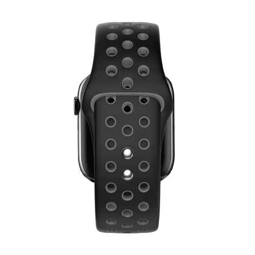 Silicone Dual Snap Sport Strap, black/grey, on a watch, direct front view