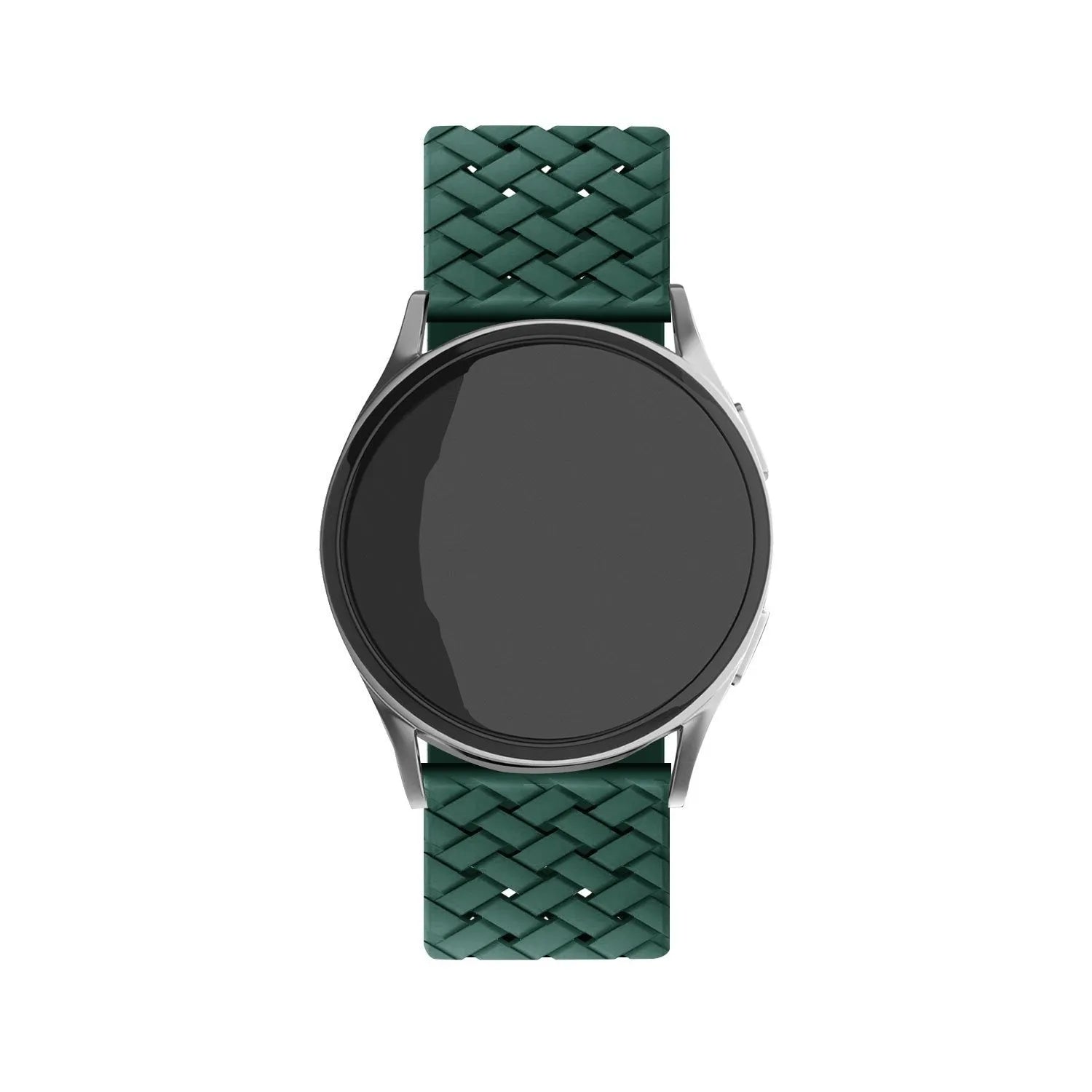 Braided Silicone Strap, dark green, on a watch, direct front view