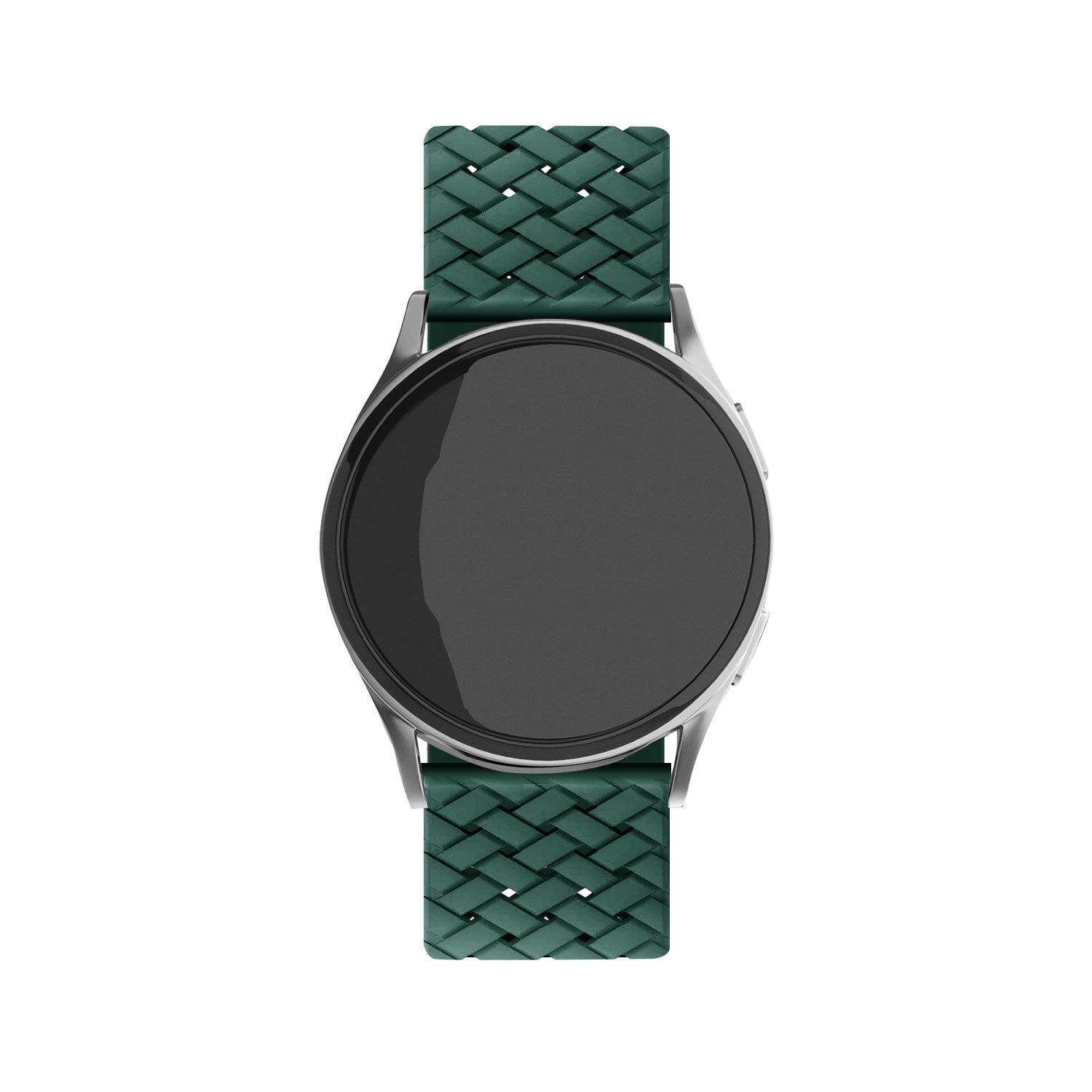 Braided Silicone Strap, dark green, on a watch, direct front view