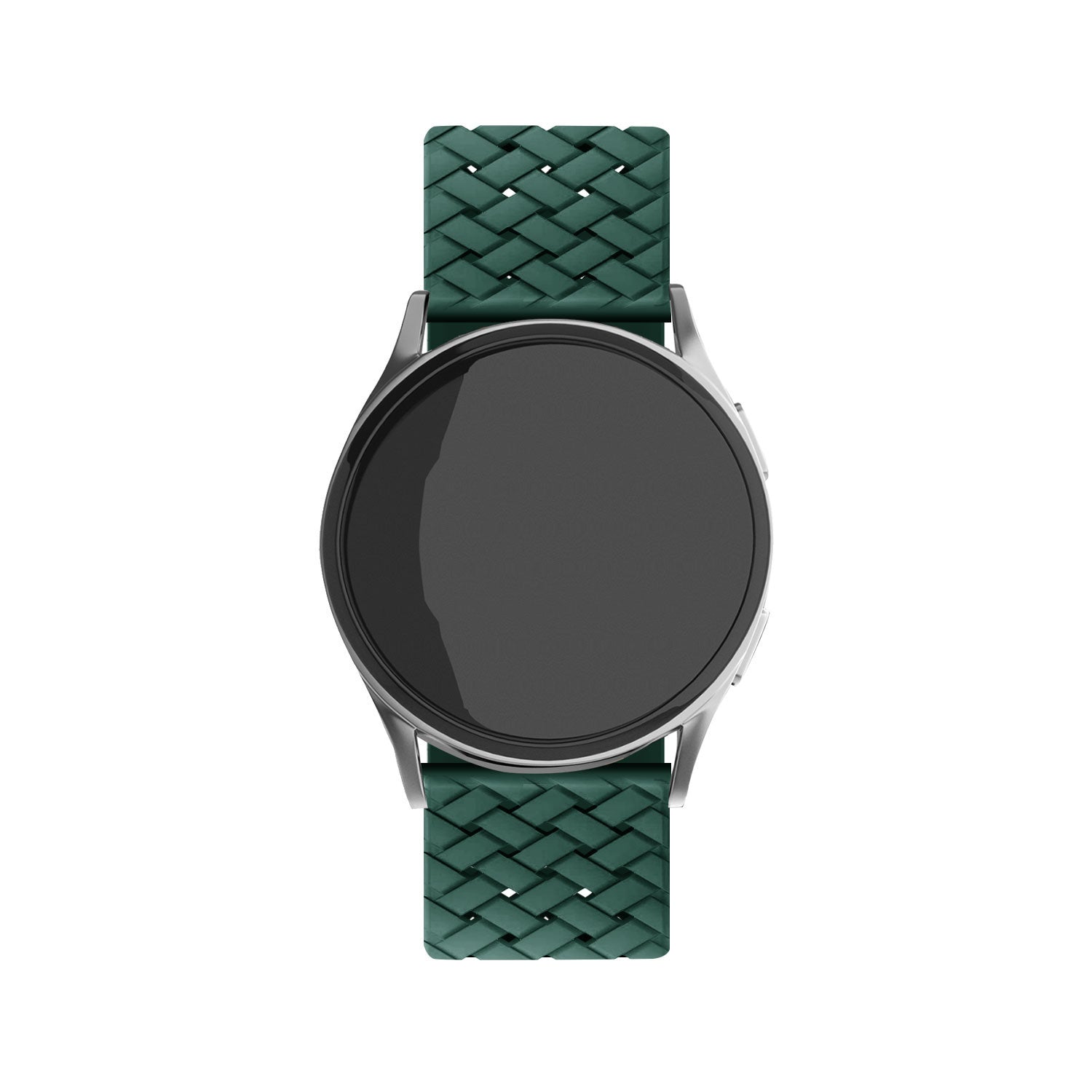Braided Silicone Strap, dark green, on a watch, direct front view