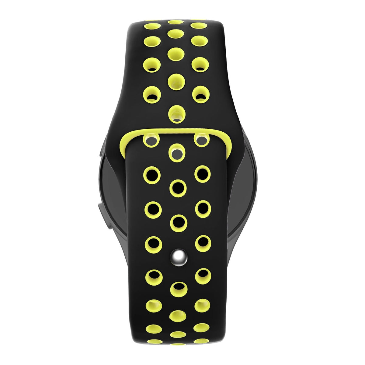 Silicone Sport Strap 'Deluxe', black/yellow, on a watch, direct front view