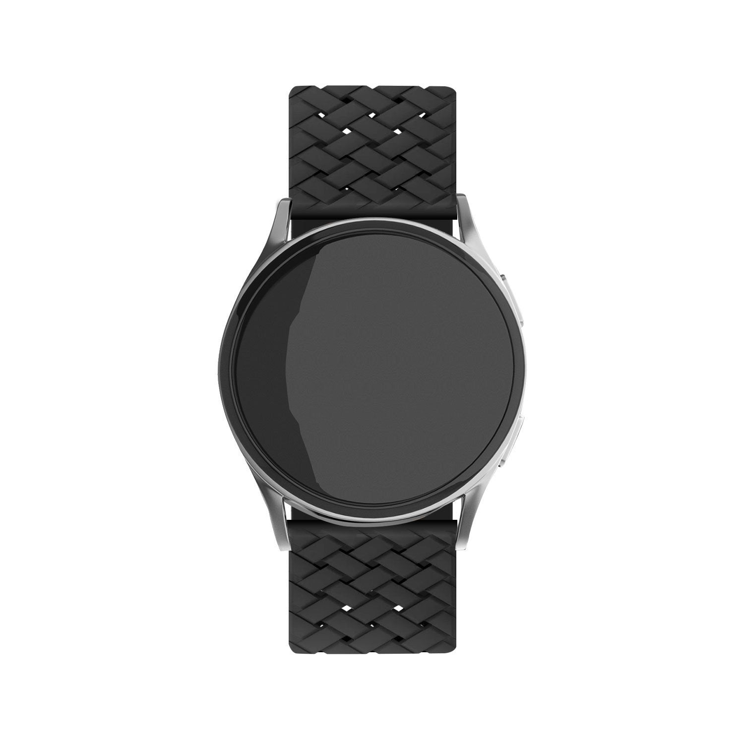 Braided Silicone Strap, black, on a watch, direct front view