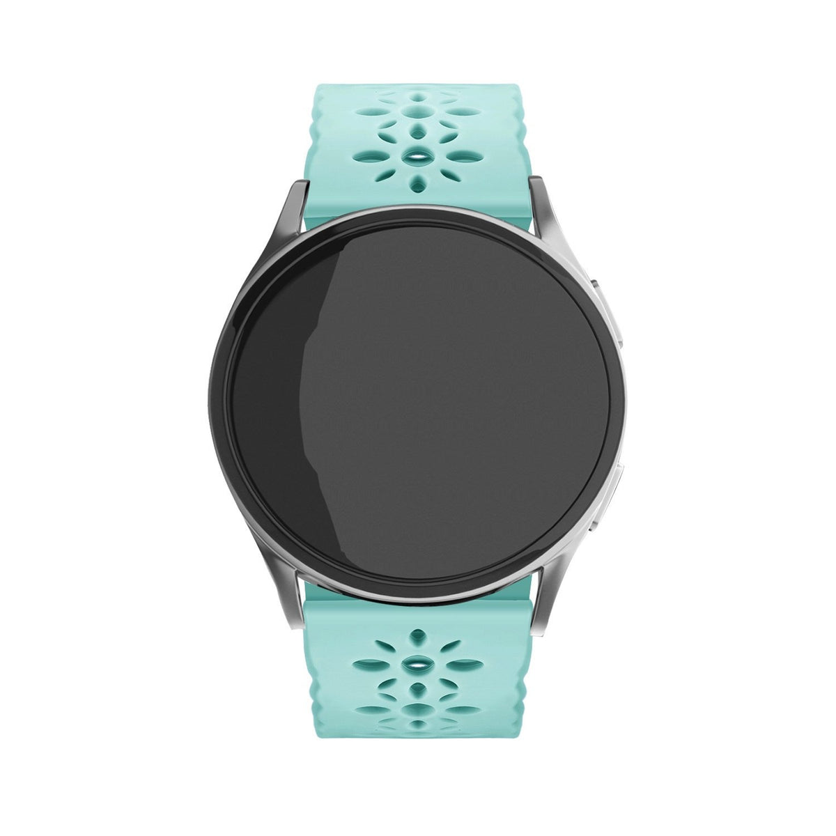 Patterned Silicone Strap, blue sea green, on a watch, direct front view