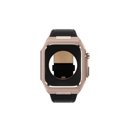 Reqior Funda de metal con correa de cuero Apple Watch 45mm (rosa dorado/negro)