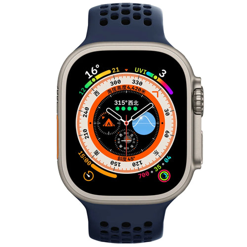 Silicone Buckled Sport Strap, dark blue/black, on a watch, direct front view