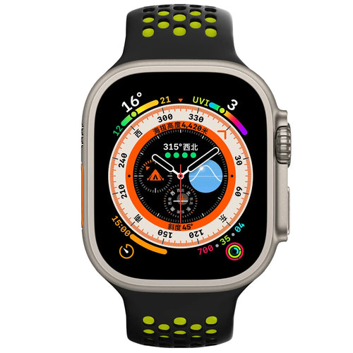 Silicone Buckled Sport Strap, black/yellow, on a watch, direct front view