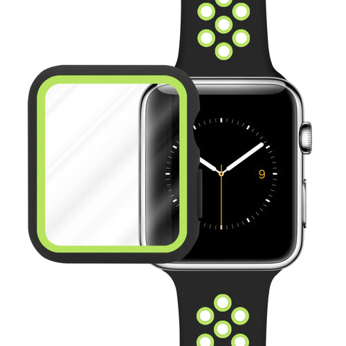 Silicone Sport Strap + TPU Case, black/yellow, on a watch, direct front view