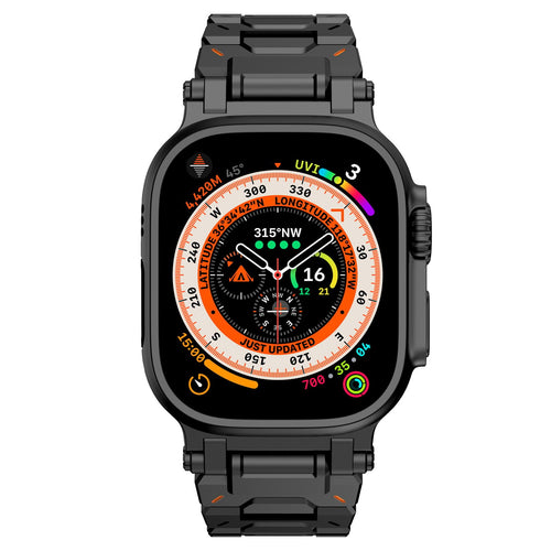 Explorer Steel Strap, black, on a watch, direct front view