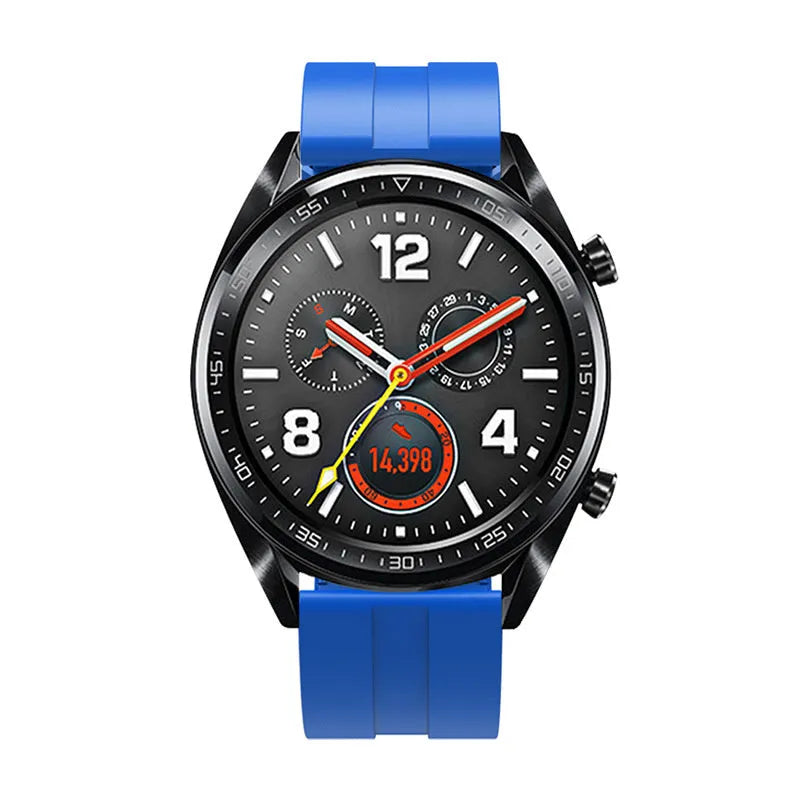 Silicone Strap 'Extreme', blue, on a watch, direct front view