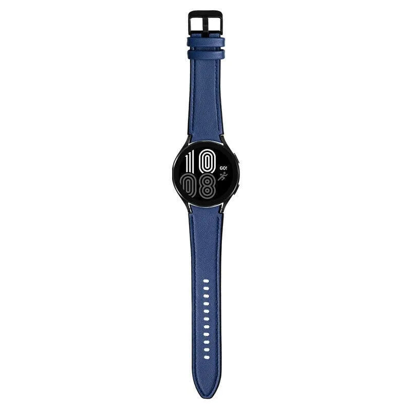 Leather Hybrid Strap, dark blue, on a watch, direct front view
