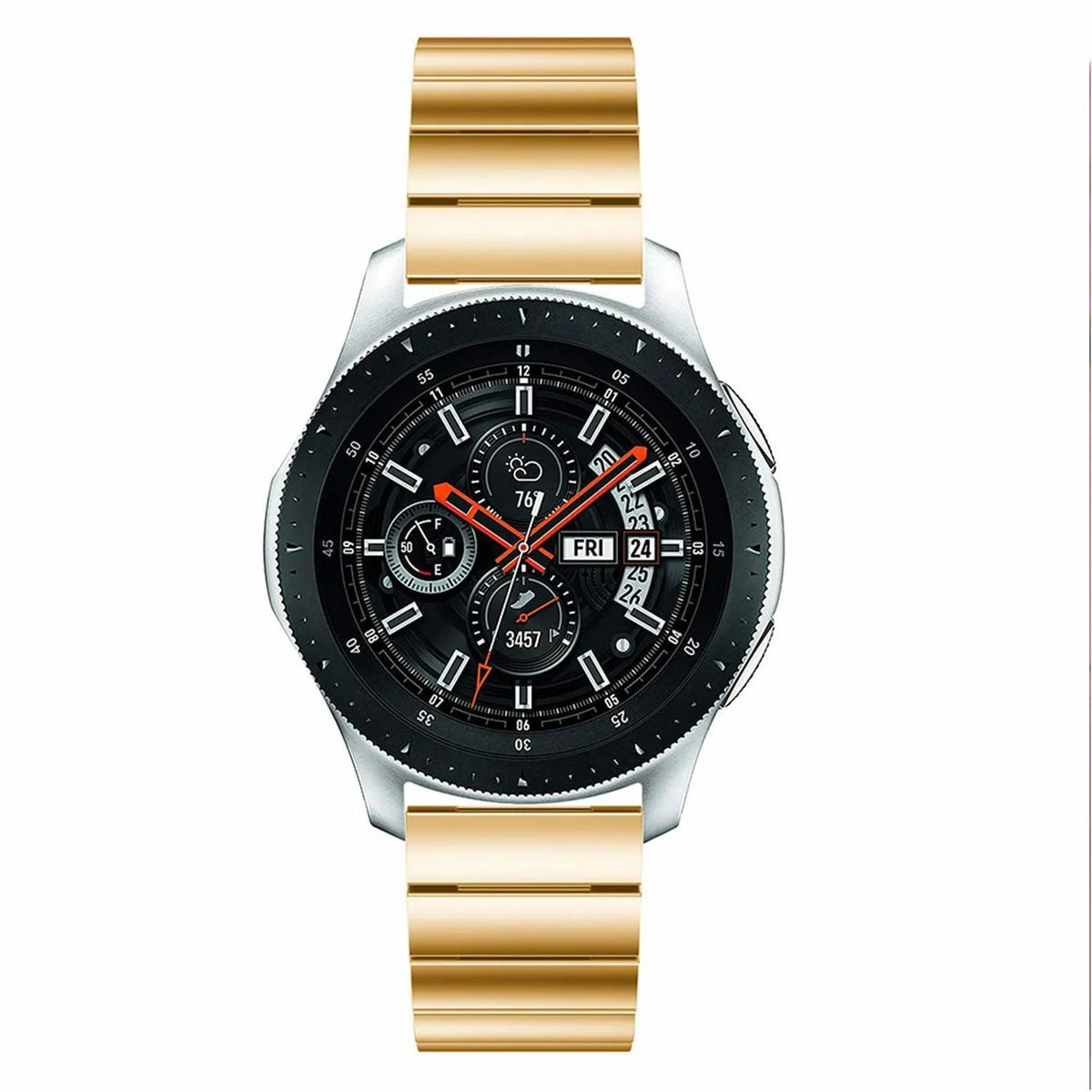 Premium Metal Strap, gold, on a watch, direct front view