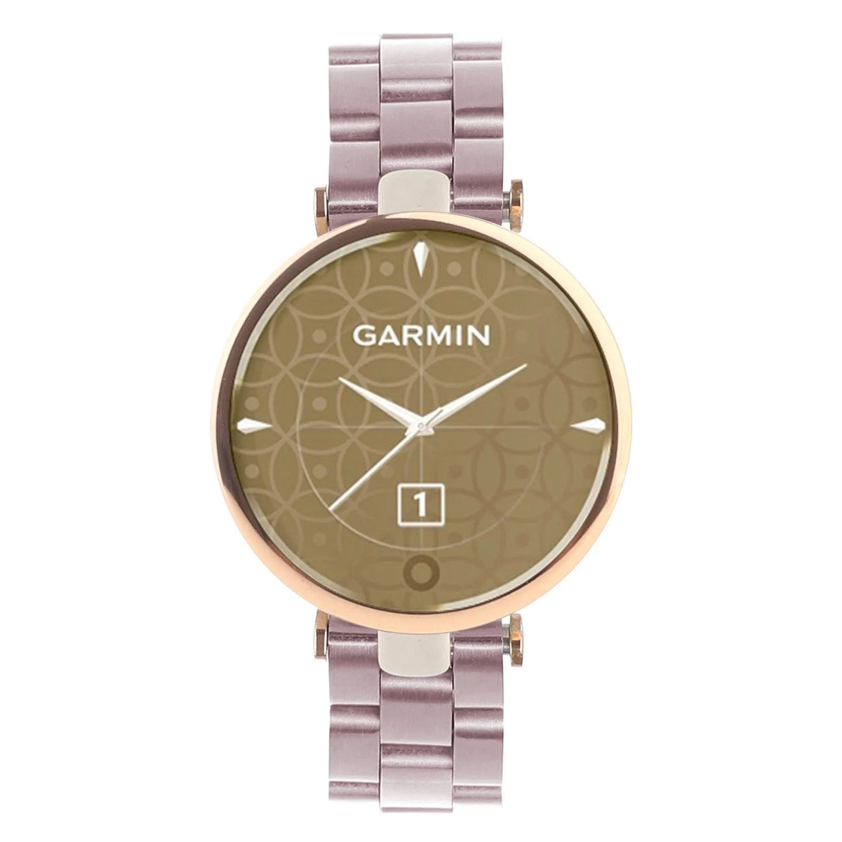 Steel Strap, pink, on a watch, direct front view