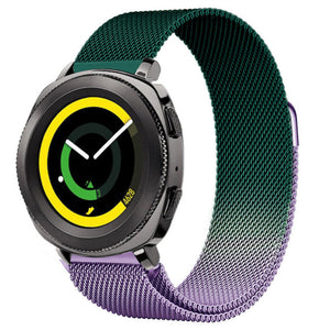 Milanese Strap, purple/green, on a watch, direct front view
