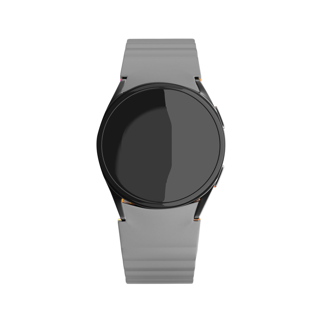 Magnetic Silicone Strap, grey/orange, on a watch, direct front view