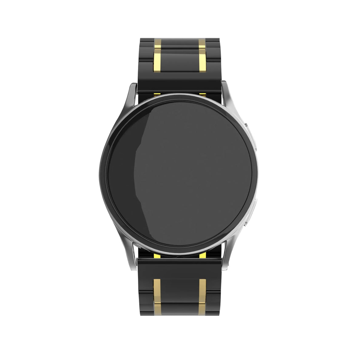 Metal Ceramic Link Strap, black/gold, on a watch, direct front view