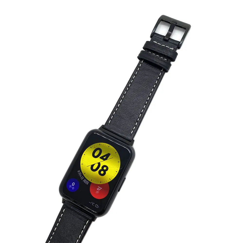 Leather Strap, black, on a watch, direct front view