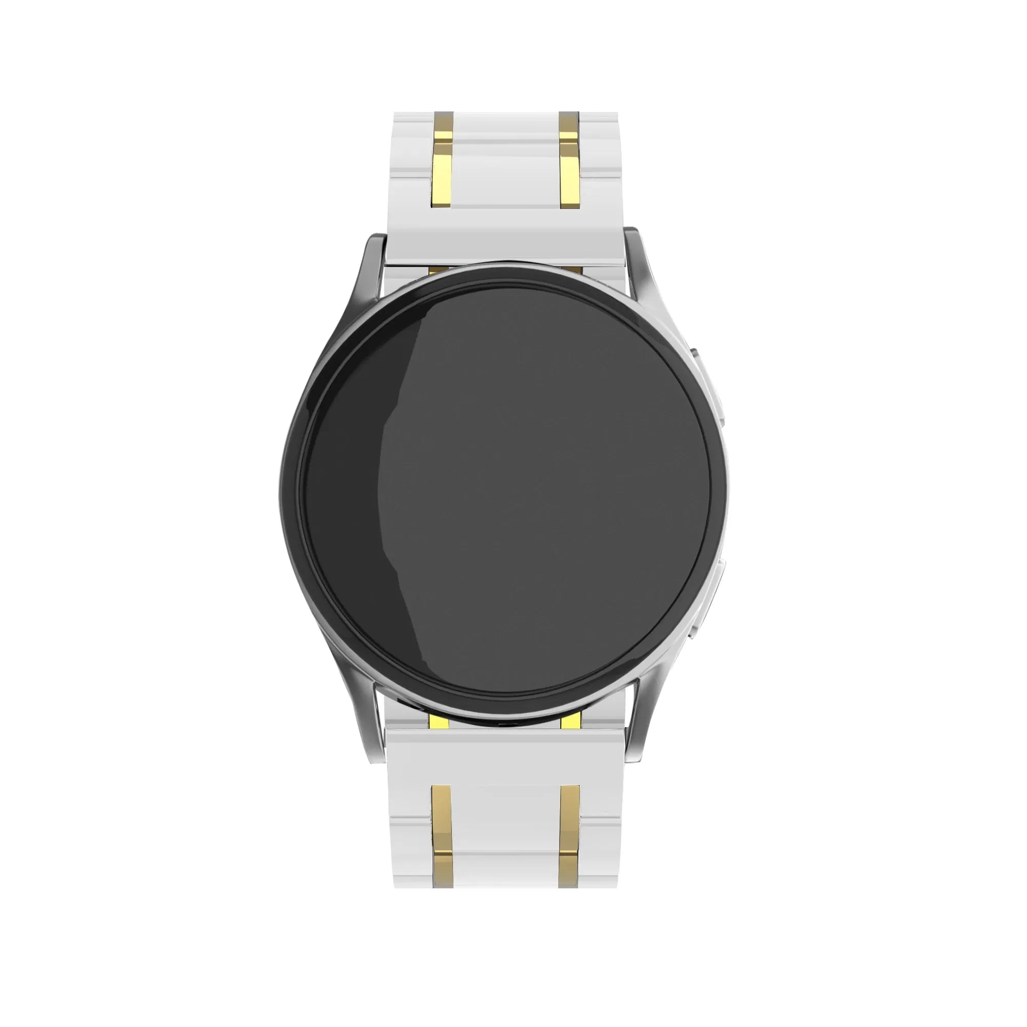 Metal Ceramic Link Strap, white/gold, on a watch, direct front view