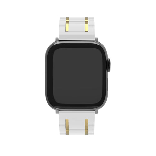 Metal Ceramic Link Strap, white/gold, on a watch, direct front view