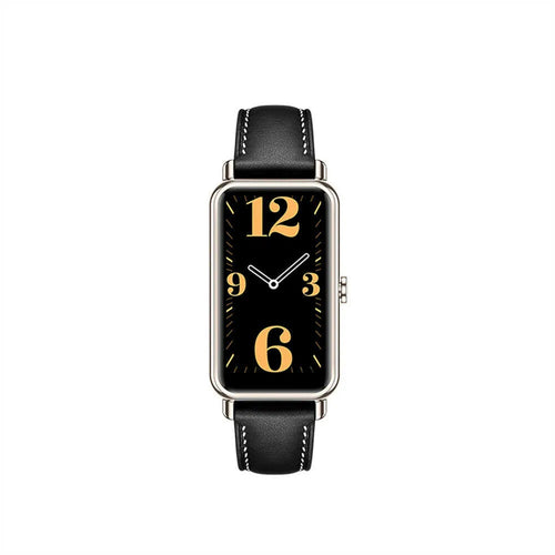 Leather Strap, black, on a watch, direct front view