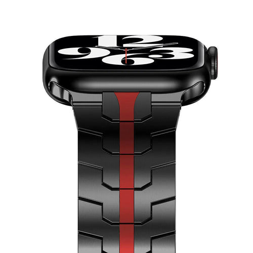 Steel Iron Strap, black/red, on a watch, direct front view