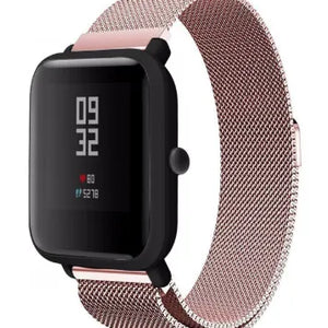 Milanese Strap, pink, on a watch, direct front view