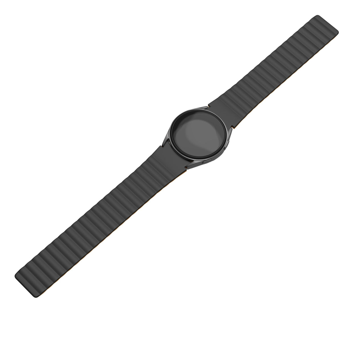 Magnetic Silicone Strap, black/orange, on a watch, direct front view