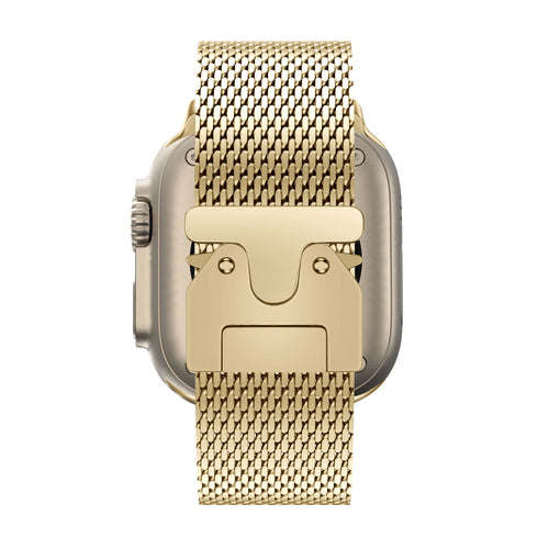 Milanese Loop Strap P-Buckle, gold, on a watch, direct rear view