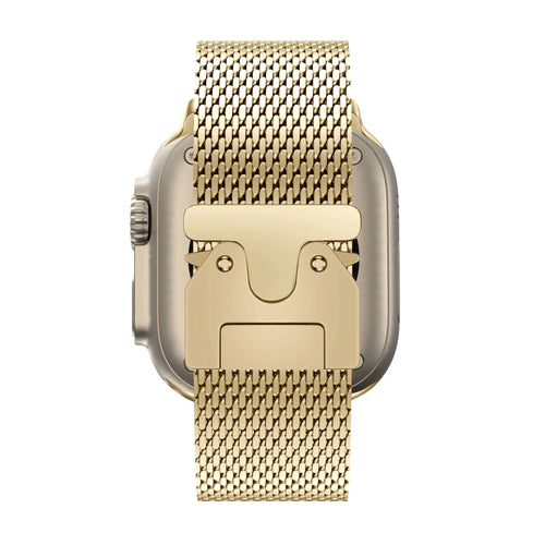 Milanese Loop Strap P-Buckle, gold, on a watch, direct rear view