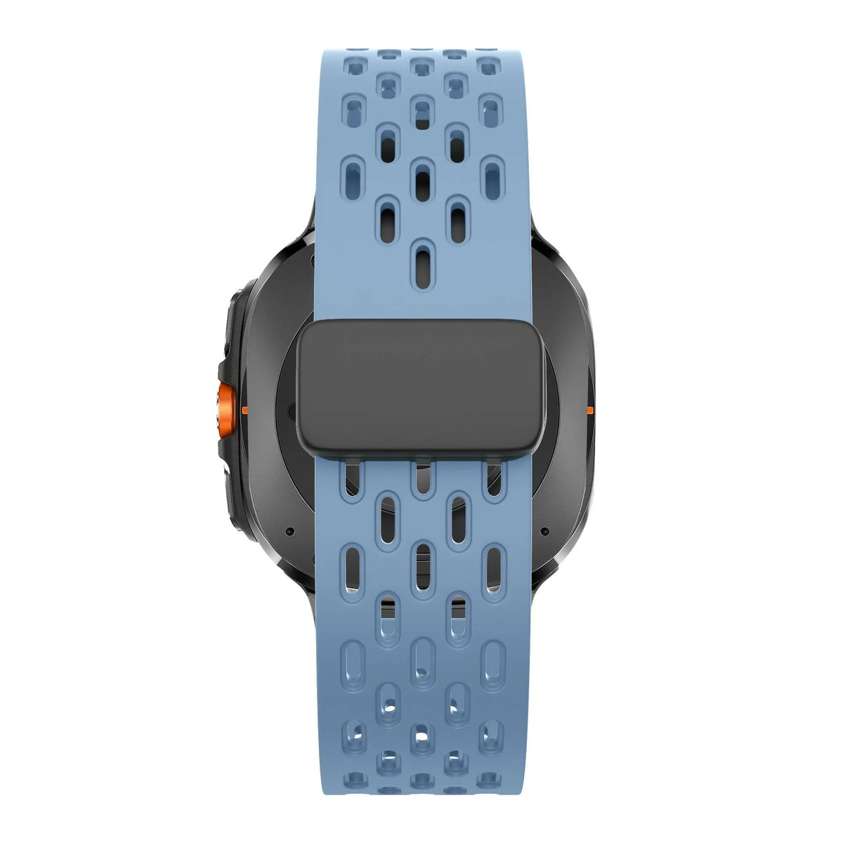 Silicone D-Buckle Sport Strap 'Air', grey-blue, on a watch, direct rear view