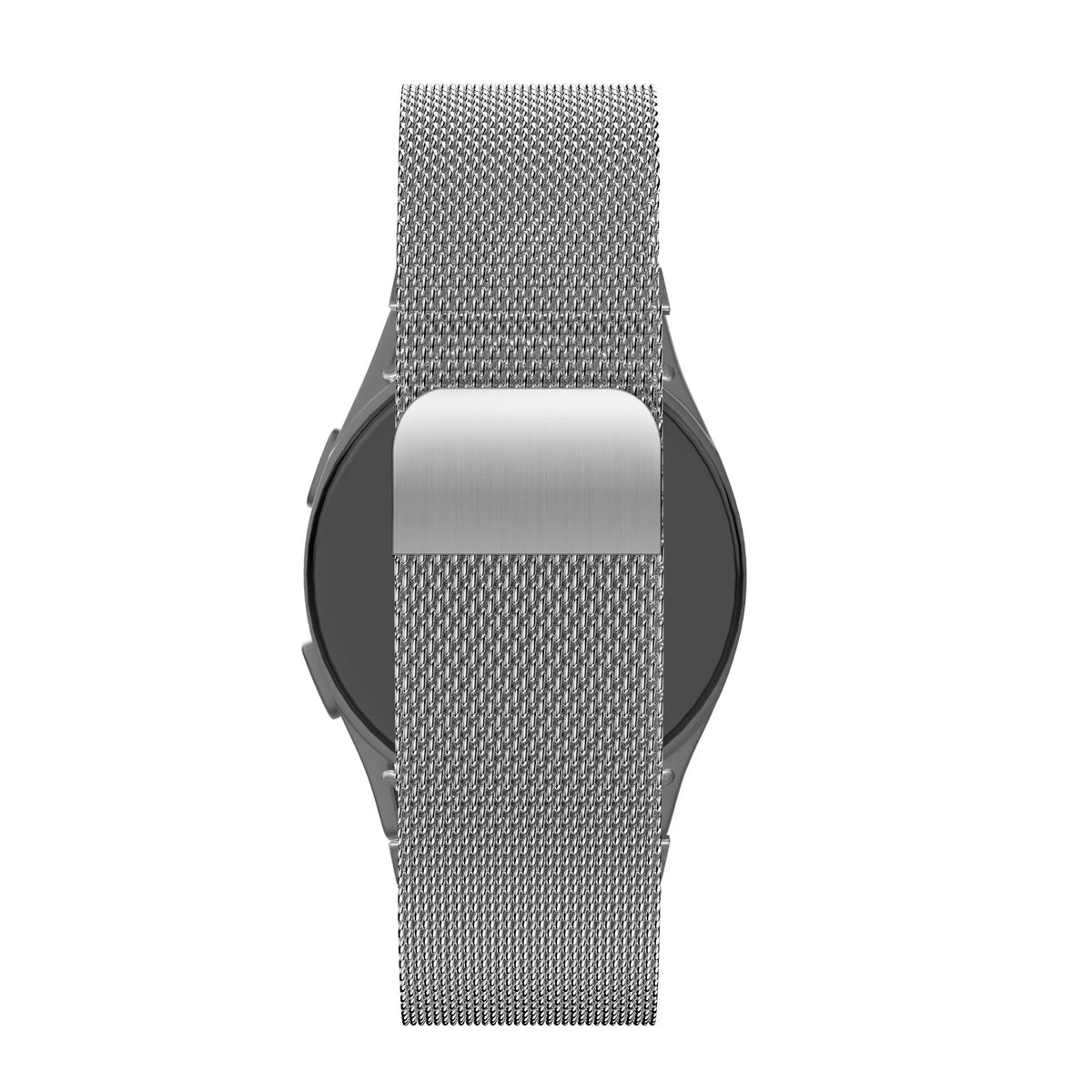 Milanese Loop Strap, silver, on a watch, direct rear view