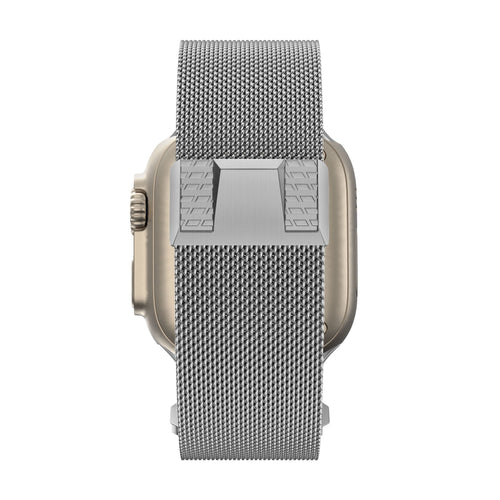 Milanese Strap 'Mecha', silver, on a watch, direct rear view