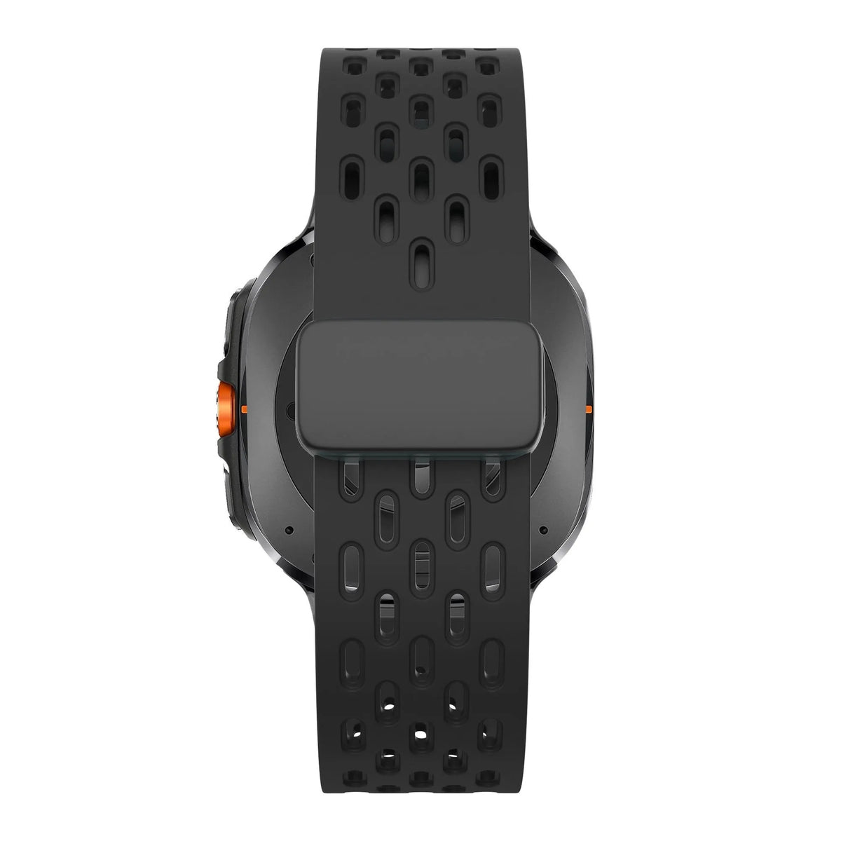 Silicone D-Buckle Sport Strap 'Air', black, on a watch, direct rear view