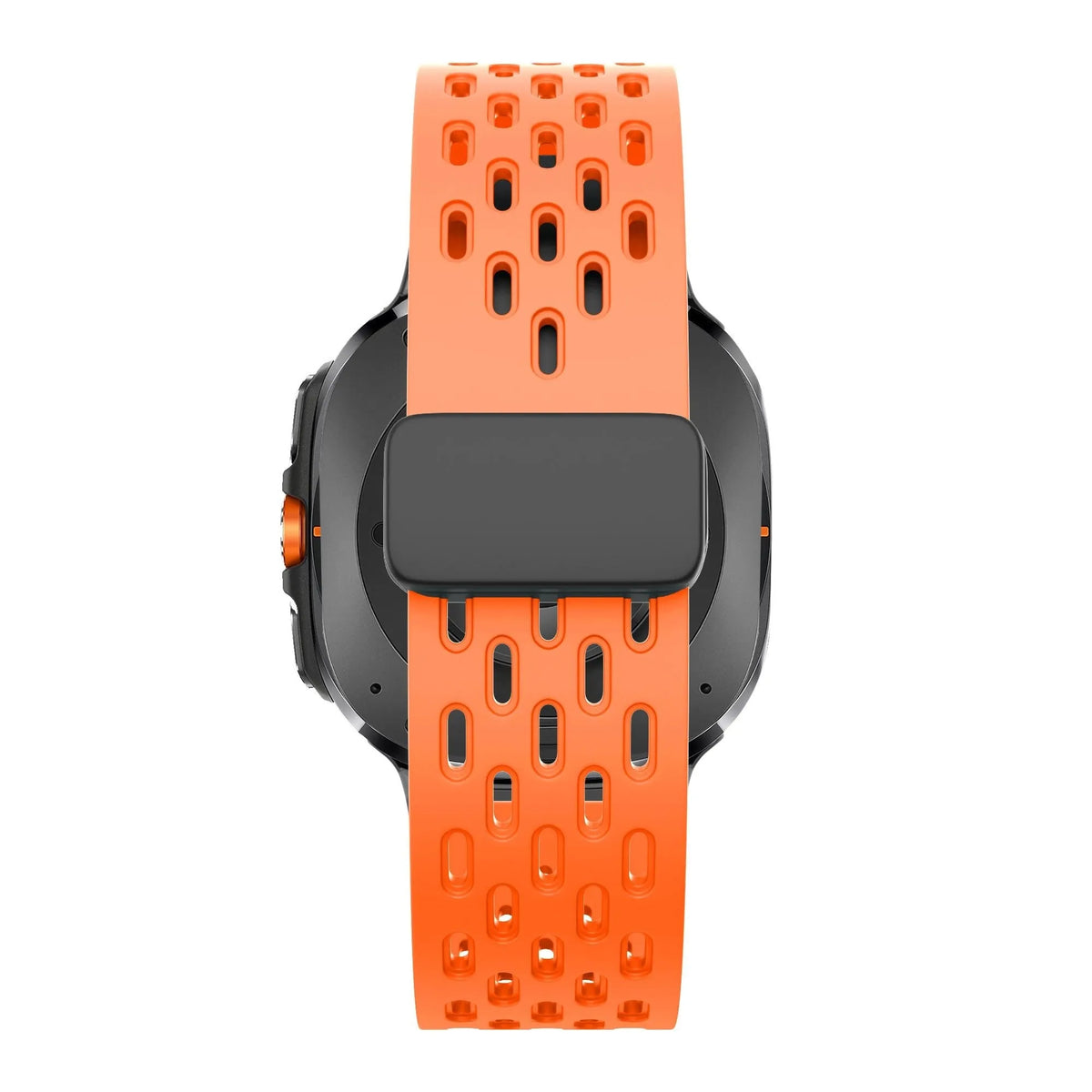 Silicone D-Buckle Sport Strap 'Air', orange, on a watch, direct rear view