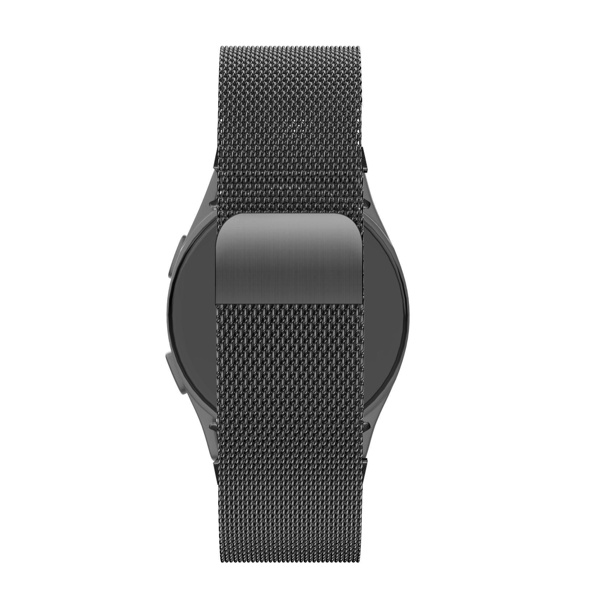 Milanese Loop Strap, black, on a watch, direct rear view