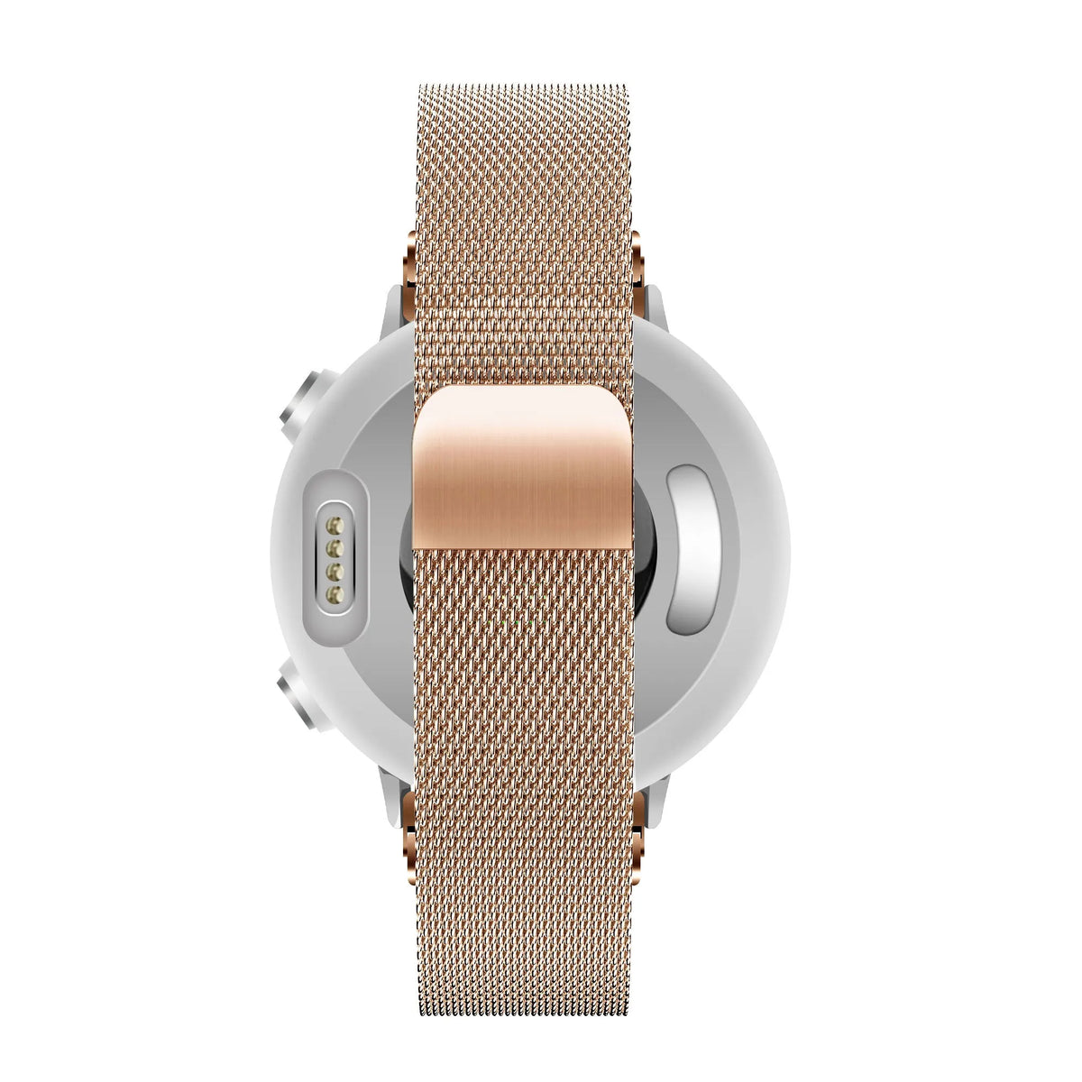 Milanese Loop Strap, rose gold, on a watch, direct rear view