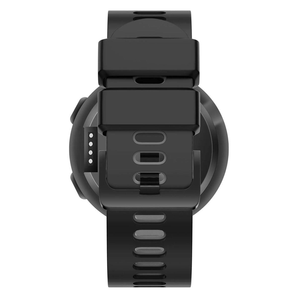 Silicone Buckled Sport Strap, black/grey, on a watch, direct rear view