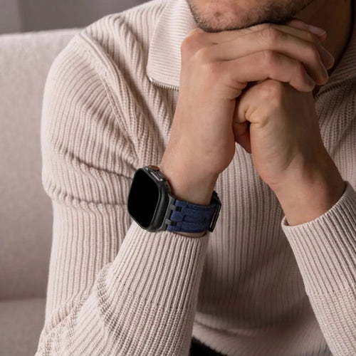 Apple Watch denim leren band (blauw met zwart)