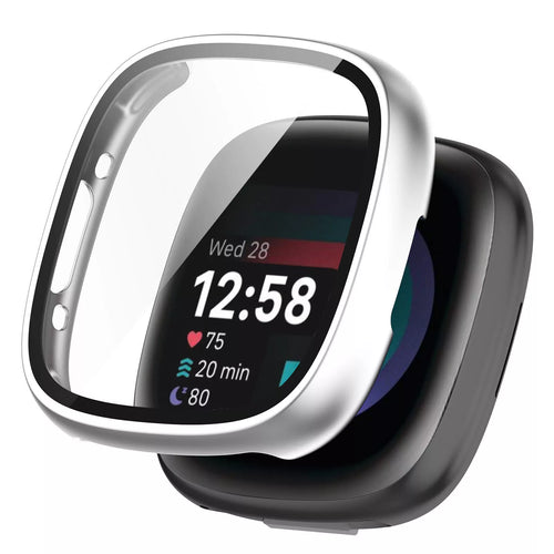 Funda rígida con vidrio Fitbit Versa 4 / Sense 2 (plata)