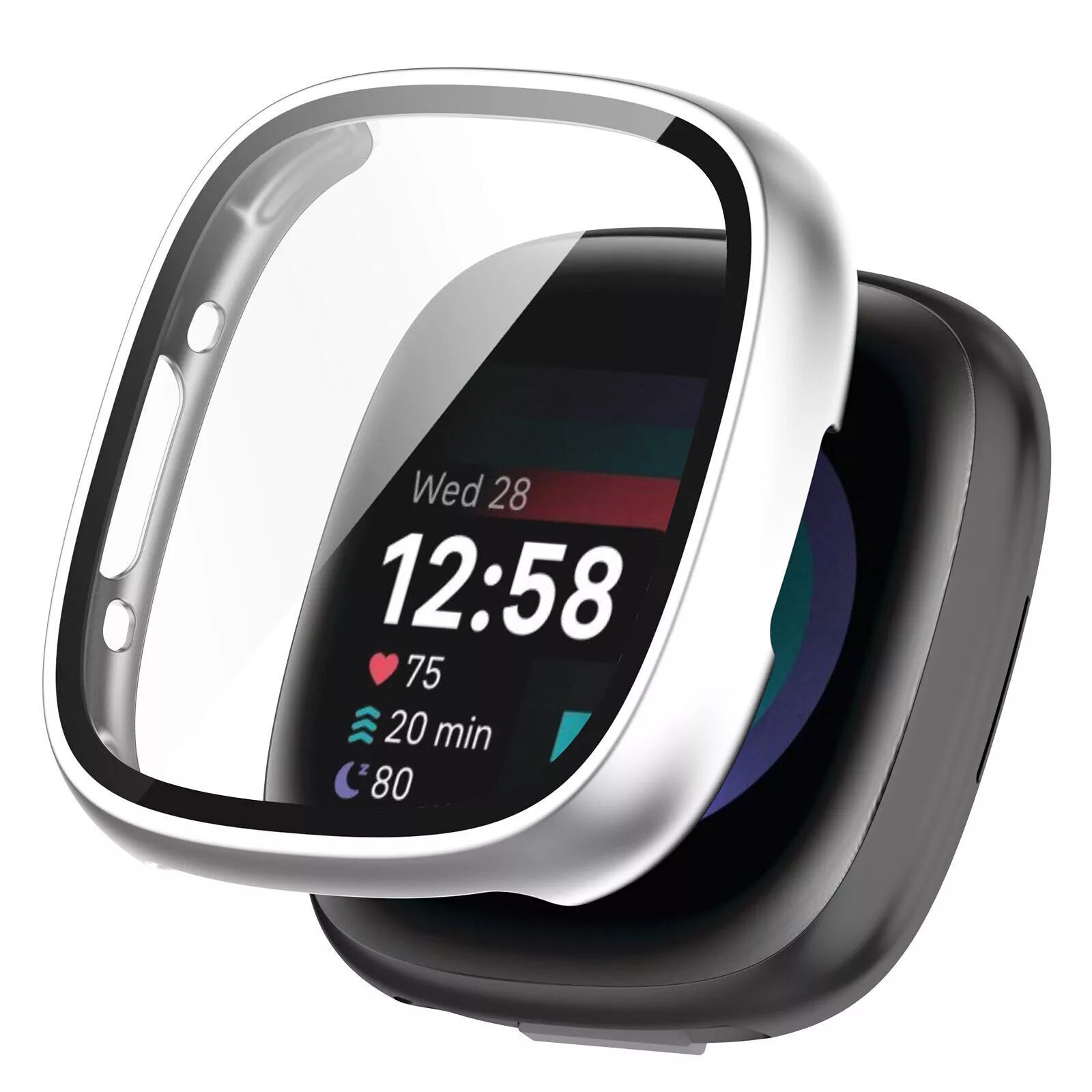 Funda rígida con vidrio Fitbit Versa 4 / Sense 2 (plata)
