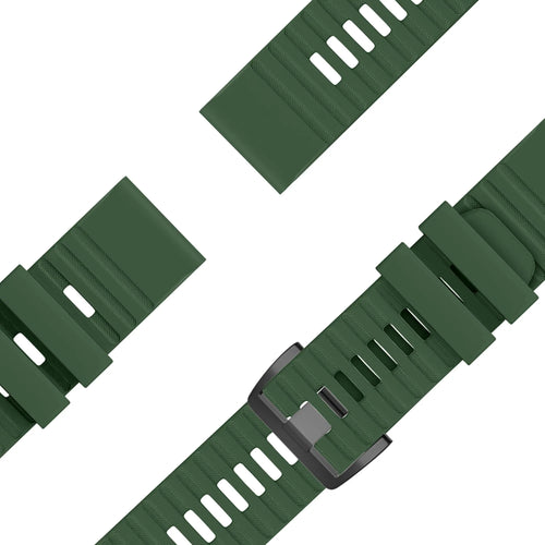 Buckled Silicone Strap, dark green, laid flat, separate parts, direct top view