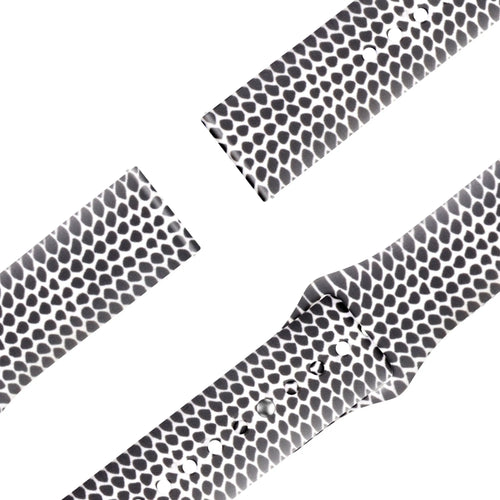 Silicone Patterned Strap, laid flat, separate parts, direct top view