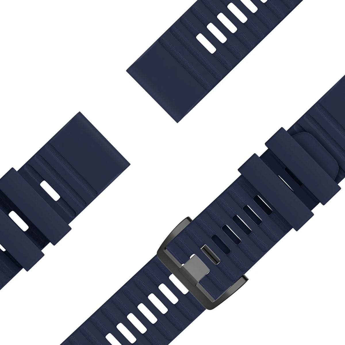 Buckled Silicone Strap, dark blue, laid flat, separate parts, direct top view