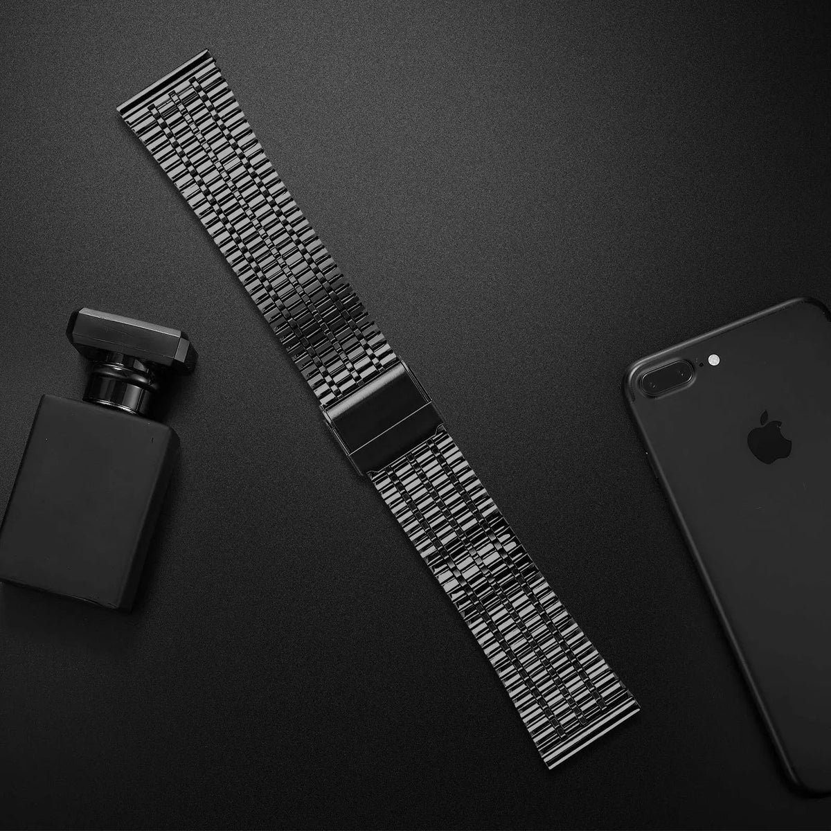 Fine Steel Strap, black, laid flat, separate parts, direct top view