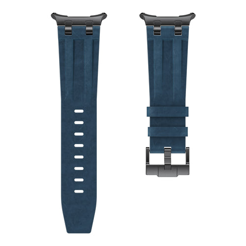 Solid Leather Strap, dark blue, laid flat, separate parts, direct top view