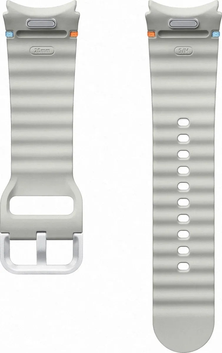 Silicone Sport Strap, silver, laid flat, separate parts, direct top view