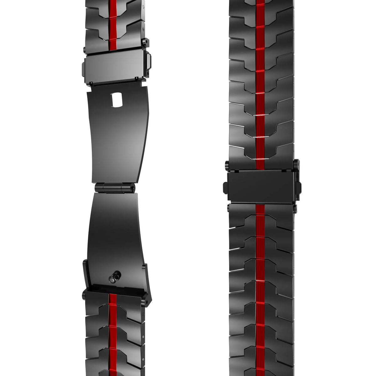 Steel Iron Strap, black/red, laid flat, separate parts, direct top view