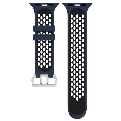 Silicone Buckled Sport Strap, dark blue/black, laid flat, separate parts, direct top view